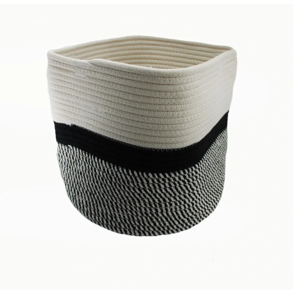 Woven Cotton Rope Storage Basket‎ Cream Black Color Block Square Bin 11x11x12